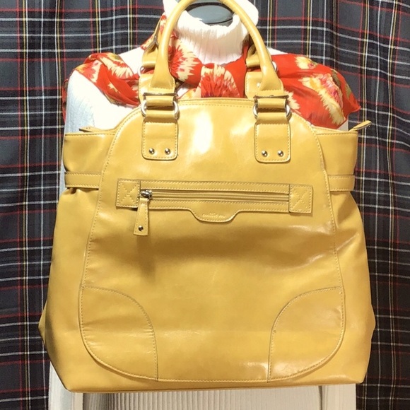 emilie m.| Large Vegan Mustard Folding Satchel Chrome Hardware Like New - Picture 8 of 8